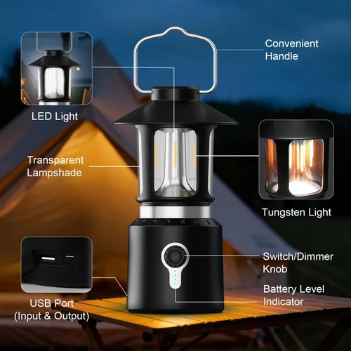 Miniatura 6 de Linterna LED telescópica para campamento, 8000 mAh, funciona con pilas, luces de campamento vintage, 3 modos de luz, luces de tienda de campaña