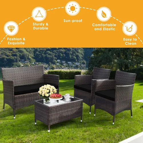 Miniatura 4 de Goplus Juego de patio de ratán de 4 piezas, juego de conversación de mimbre para exteriores e interiores para piscina, patio trasero, césped, sillas