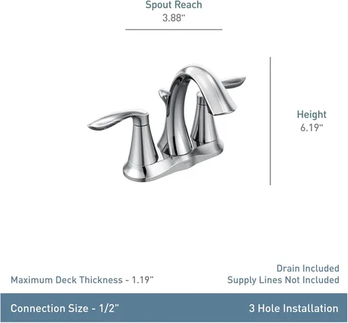 Miniatura 3 de Moen Eva Grifo de Lavabo de Baño Cromado de Dos Manijas Centerset con Ensamble de Drenaje para Configuraciones de Instalación de 3 Orificios, 6410