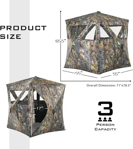 Miniatura 4 de Tangkula Persiana desplegable para 3 personas, persiana portátil de caza con ventanas de malla, bolsa de transporte y estacas de tierra, tienda