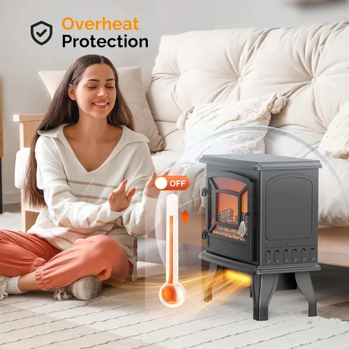 Miniatura 6 de Bonnlo Estufa eléctrica de chimenea de 20 pulgadas de alto, calentador de chimenea independiente portátil de 1500 W para uso en interiores, troncos