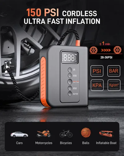 Miniatura 3 de Arrancador de batería con compresor de aire para automóvil, paquete de energía portátil de 10000mAh 150PSI inflador de neumáticos, carga USB, luz
