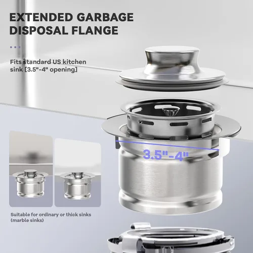 Miniatura 3 de KONE Brida extendida de eliminación de basura con colador y tapón, brida de fregadero extendida de acero inoxidable 304 profundo para drenaje