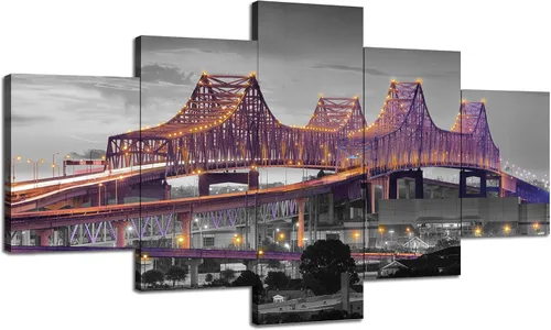 Cawpom Louisiana Arte de Pared en Lienzo, 60x32 pulgadas, Impresión en Lienzo, Cuadros de Nueva Orleans Decoración de Pared, Puente Crescent City