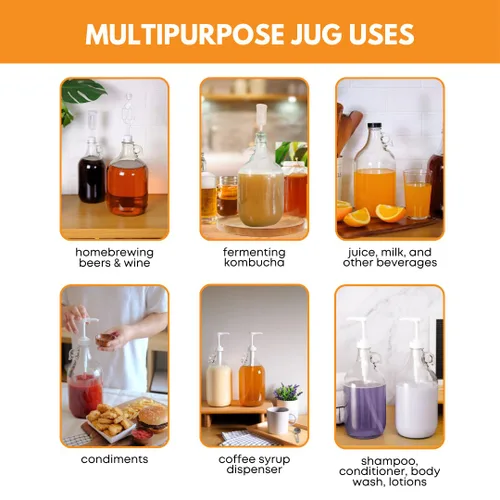 Miniatura 5 de FastRack Growlers de vidrio ámbar de 64 onzas (paquete de 2) Cultivador de cerveza de medio galón Jarra de vidrio reutilizable de 1/2 galón