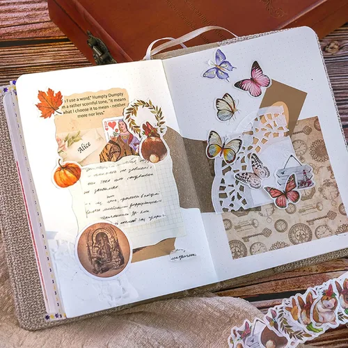 Miniatura 7 de 8 rollos de cinta adhesiva Washi vintage, diseño de pétalos de flores, hojas de helecho, mariposas, hojas de pino, hongos para bricolaje, diario