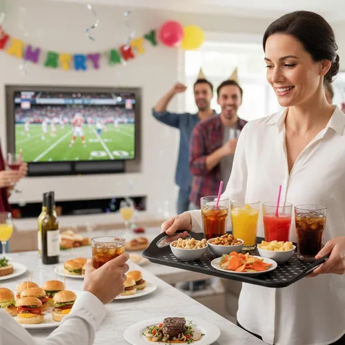 Miniatura 8 de TOPZEA Paquete de 2 bandejas antideslizantes para servir con asa, bandejas rectangulares de plástico para servir alimentos, bandeja de regazo de TV