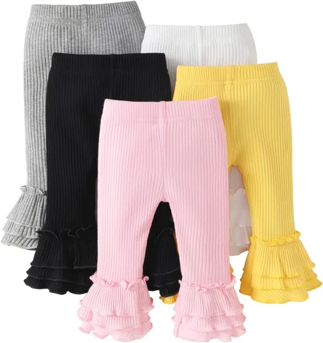 Unikaka Pantalones elásticos acampanados para niña pequeña y bebé con pantalones de vellón con volantes y leggings, paquete de 5