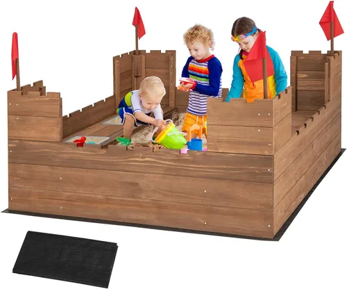 HONEY JOY Caja de arena para niños, pozo de arena sin fondo de cedro para patio trasero, 4 banderas rojas y forro inferior, banco lateral y 2 cajas,