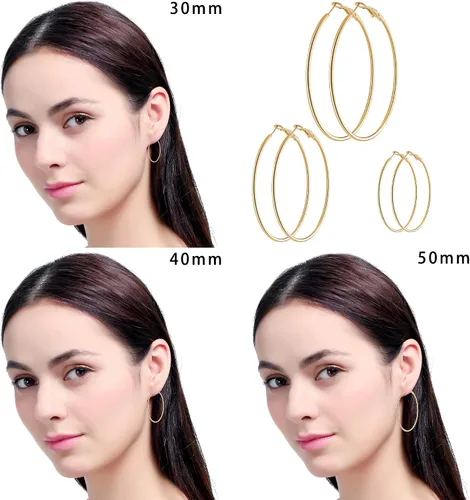 Miniatura 6 de Juego de 6 pares de aretes de aro chapados en oro de acero inoxidable para mujeres y niñas aros hipoalergénicos para mujer 304050in Acero inoxidable