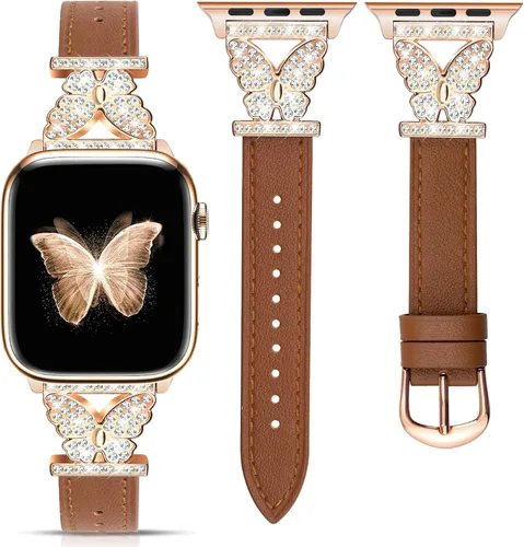 Miniatura 11 de JR.DM Correas de cuero para reloj para mujeres compatibles con Apple Watch 38mm 40mm 41mm 42mm (S10) con conector de mariposa brillante plateado