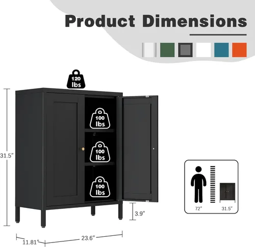 Miniatura 3 de Bevivog Armario de almacenamiento pequeño para baño, armario de metal negro con 2 puertas y 2 estantes ajustables, armarios de piso de metal