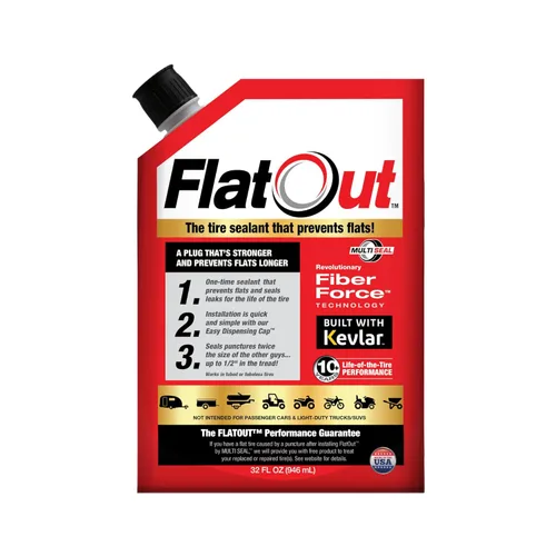 FlatOut Sellador de neumáticos multiusos todoterreno – Previene y repara neumáticos planos – Sella fugas – Contiene Kevlar – Sellador de neumáticos