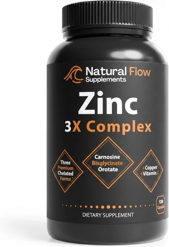 Natural Flow Zinc 3X Complex — 15 mg Tres formas queladas (bisglicinato, carnosina, orrotato) con cobre y vitamina C — Suave para el estómago, el