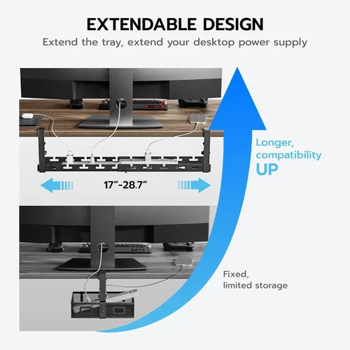Miniatura 3 de ARES WING Bandeja extensible de 17 a 28.7 pulgadas para organizar cables debajo del escritorio con ranuras para cables, organizador de cables