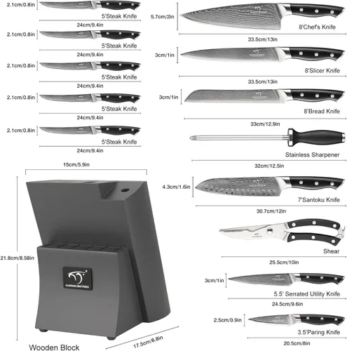Miniatura 2 de Damascus - Juego de cuchillos de cocina de 15 piezas con bloque, mango ergonómico de ABS para juego de cuchillos de chef y cuchillos de carne