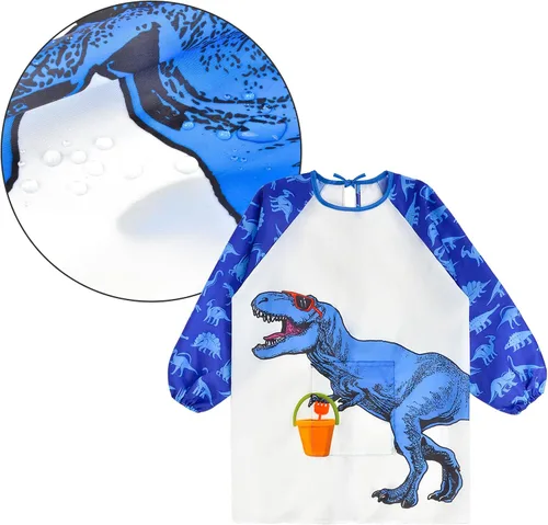 Miniatura 6 de PASHOP Bata de arte para niños, de unicornio, impermeable, para niñas, niños, manga larga, hasta la rodilla, con bolsillo (dinosaurio azul, 3-7 años)