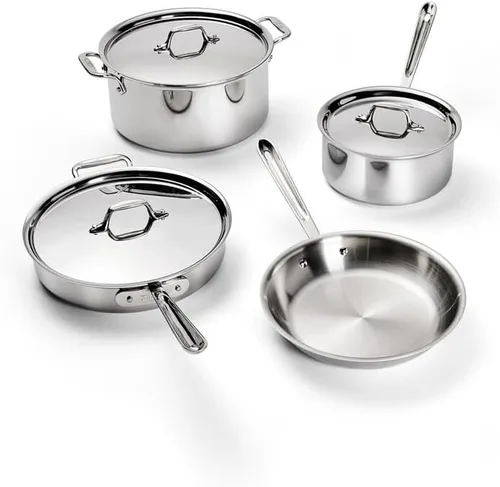 All-Clad D3 - Juego de utensilios de cocina de acero inoxidable de 3 capas, juego de 7 piezas de ollas y sartenes, inducción, apto para horno y