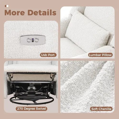 Miniatura 5 de Power Glider - Silla reclinable para guardería con puertos USB, mecedora suave para guardería, silla giratoria con almohada lumbar para sala