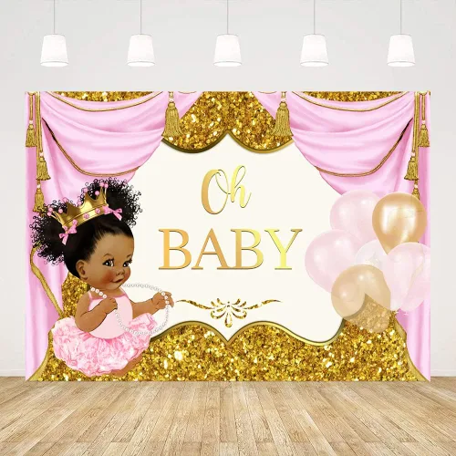 Ticuenicoa Telón de fondo Oh Baby para niña, princesa real, fondo rosa y dorado para baby shower, fondo fresco de princesa baby shower, cartel de