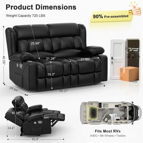 Miniatura 2 de Sofá reclinable eléctrico de 3 plazas con consola, puertos de carga USB, portavasos, sofás reclinables para sala de estar, caravana, color negro
