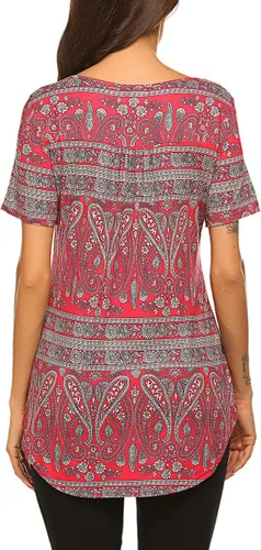 Miniatura 5 de Blusón plisado de manga corta con estampado floral y cuello Henley en V para mujer, con vuelo.