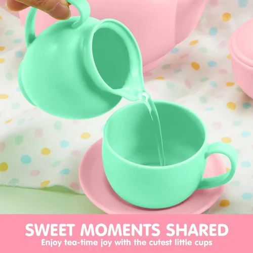 Miniatura 3 de JOYIN Juego de 18 piezas de fiesta de té de simulación, juego de té de plástico, mini cocina para niños, regalos para niños y niñas de 3, 4, 5, 6