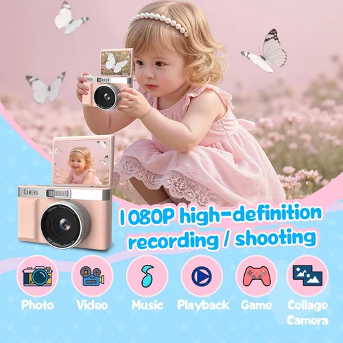 Miniatura 2 de Cámara digital para niños con pantalla abatible de 180°, tarjeta de memoria de 32 GB, cámaras digitales de apuntar y disparar HD de 1080P