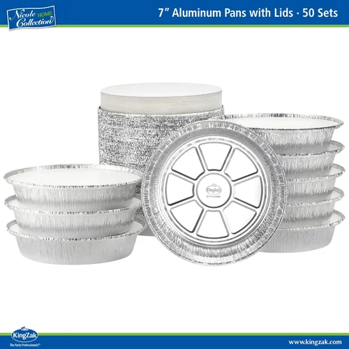Miniatura 5 de Nicole Home Collection Sartenes de aluminio 7” Redondas desechables con tapas de papel de aluminio (paquete de 50) – Sartenes desechables redondas