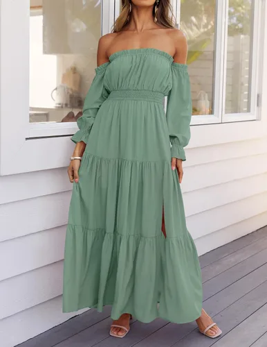 Miniatura 94 de ZESICA - Vestido largo, bohemio y sexy, con hombros descubiertos y manga larga fruncida, con elástico fruncido, cintura alta y abertura lateral