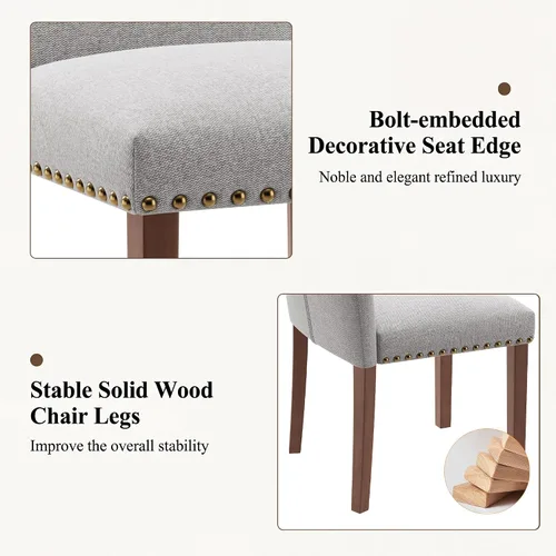 Miniatura 3 de Juego de 6 sillas de comedor de granja, respaldo alto con patas de madera y ribete de cabeza de clavo, silla de comedor de tela moderna para Tela