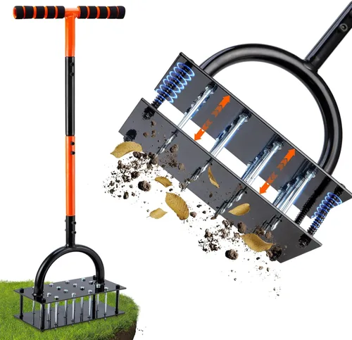 Bluesea Herramienta aireadora de césped – 16 picos de hierro con mango ergonómico en T, limpieza automática de suciedad para aflojar el suelo y