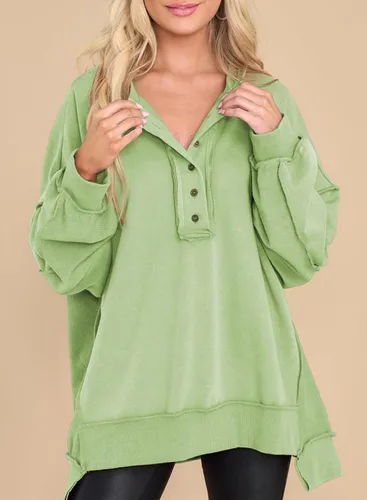 Miniatura 23 de AlvaQ - Sudadera de gran tamaño para mujer, informal, de manga larga, con botones y cuello Henley, tipo túnica