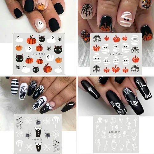 Miniatura 7 de Calcomanías de arte de uñas de Halloween, calcomanías de transferencia de agua, 12 unidades, calabaza, esqueleto, araña, fantasma, hoja de arce