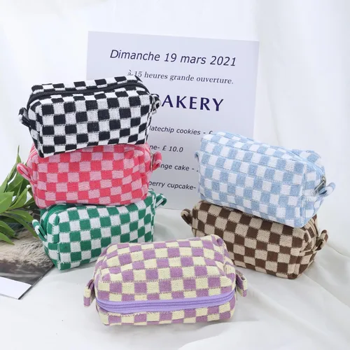 Miniatura 6 de Bolsa de maquillaje de tablero de ajedrez, bolsa de aseo de viaje, organizador de brochas de maquillaje, bolsa de almacenamiento a cuadros, estuche