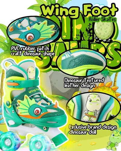 Miniatura 5 de Dino - Patines de ruedas para niños y niñas, WESKIFAN Dinosaur Quad Skating Shoes con ruedas brillantes y tamaños ajustables para principiantes