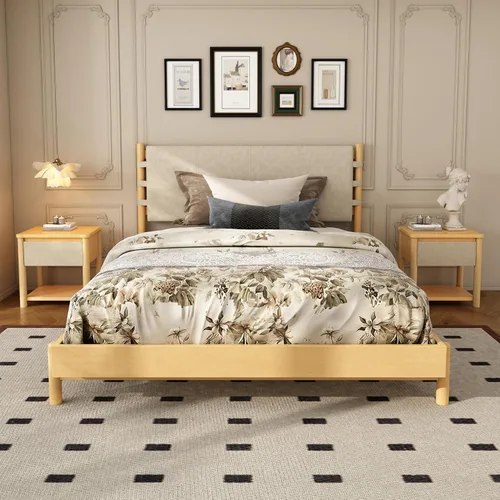 Moderno juego de base de cama Queen con 2 mesitas de noche, cama de plataforma de madera beige con cabecero y mesitas de noche a juego para