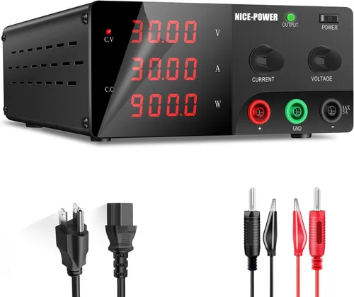 NICE-POWER Fuente de alimentación de CC variable, fuente de alimentación de banco de alta potencia de 30 V 30 A 900 W con perilla de codificador e