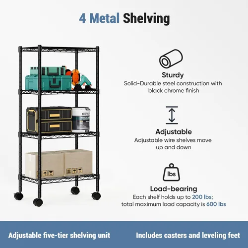 Miniatura 4 de DUMOS Estantería de metal de 4 niveles, estantes resistentes, estantería de alambre con ruedas extraíbles, organizador de estantes para baño