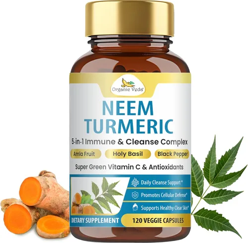 Organic Veda Cápsulas de cúrcuma Neem – Complejo herbario 5 en 1 con fruta Amla, albahaca santa, pimienta negra – Suplemento inmunológico,