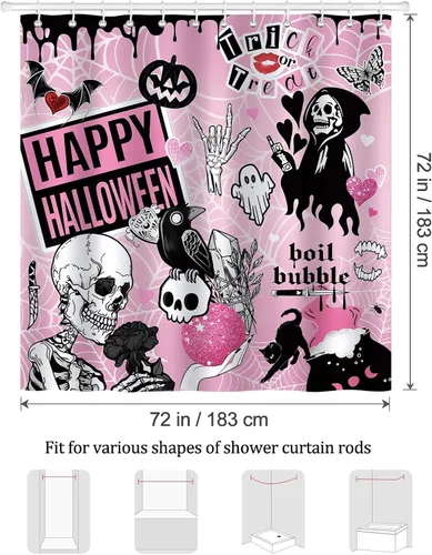 Miniatura 6 de Bonhause Cortina de ducha rosa de Halloween, divertido esqueleto aterrador, murciélago, decoración de baño gótica, 72 x 72 pulgadas, tela