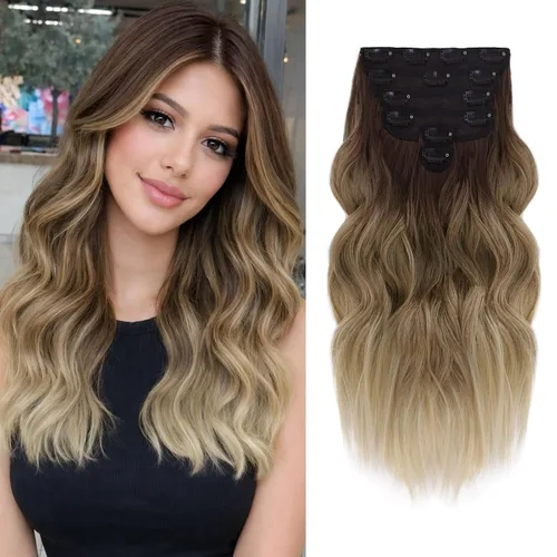 Miniatura 10 de NAYOO Extensiones de cabello con clip, de 20 pulgadas, largo, ondulado, rizado, rubio ceniza, extensiones de cabello sintético de cabeza completa