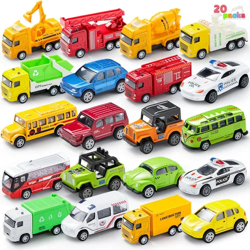 JOYIN 20 piezas de coches de juguete de metal fundido, juguetes de coche a granel, juego de vehículos para niños pequeños, recuerdos de fiesta para