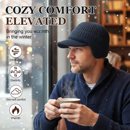 Miniatura 2 de Gorro de punto elástico cálido con protección para los oídos, unisex, acogedor, gorro de invierno con ala y orejeras para hombres y mujeres