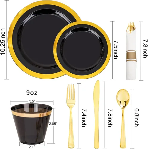 Miniatura 7 de YOUBET - 350 piezas de platos de plástico negro y dorado - Juegos de vajilla desechable dorada para 50 invitados - 100 platos de plástico, 150