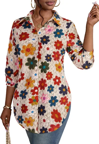 Miniatura 37 de Rooscier Blusa larga con cuello en V para mujer, manga larga, abertura lateral, con botones