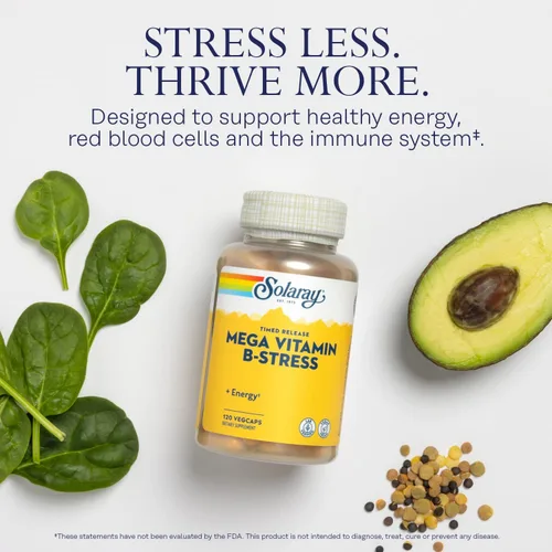 Miniatura 3 de SOLARAY Mega Vitamina B-Stress, Complejo de Vitamina B de Liberación Prolongada con 1000 mg de Vitamina C para Estrés, Energía, Glóbulos Rojos