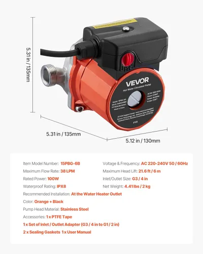 Miniatura 7 de VEVOR Bomba de recirculación de agua caliente, 10 GPM, sistema de bomba circuladora de circulación instantánea, control de 3 velocidades, 0.13 HP