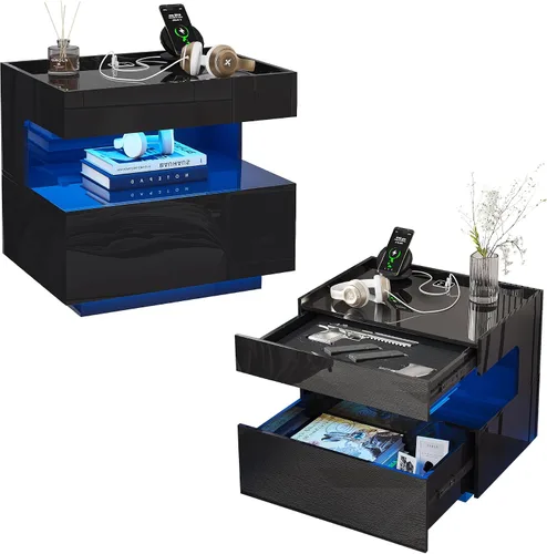 Miniatura 20 de HNEBC Mesita de noche con cajones para armas, mesita de noche de granja con estación de carga, mesita de noche secreta con luz automática de 3