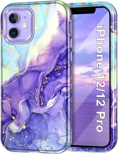 Miniatura 11 de Btscase para iPhone 12/iPhone 12 Pro, funda resistente de tres capas de mármol a prueba de golpes, cuerpo completo, PC duro + parachoques de TPU